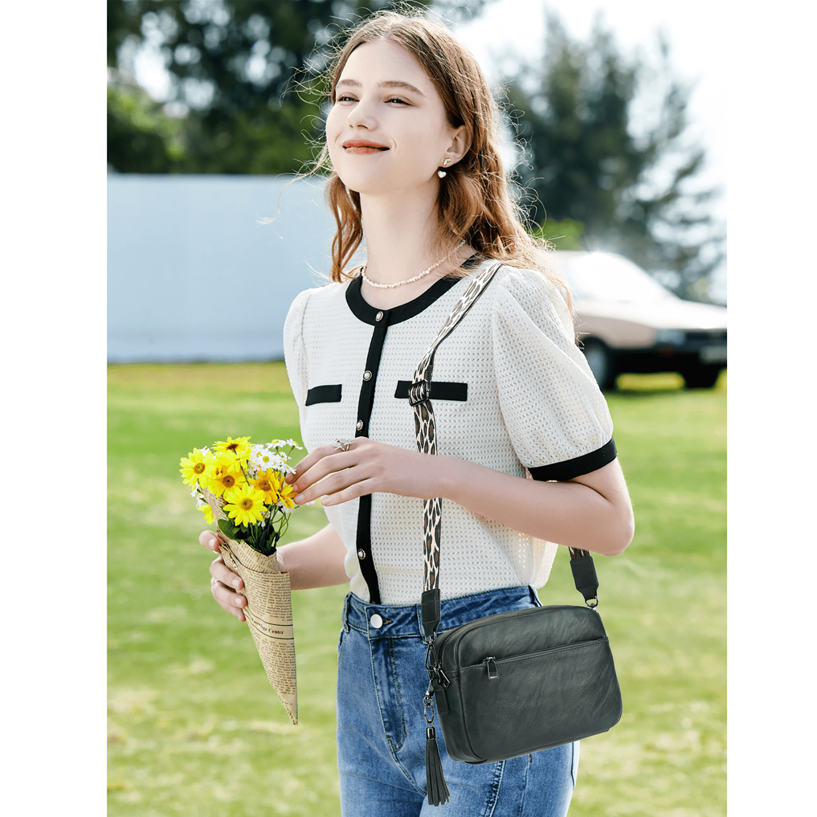 KL928 Leather Crossbody Bag for Women Ladies Wide Strap Shoulder Bag Small Purses and Handbags(Breen)