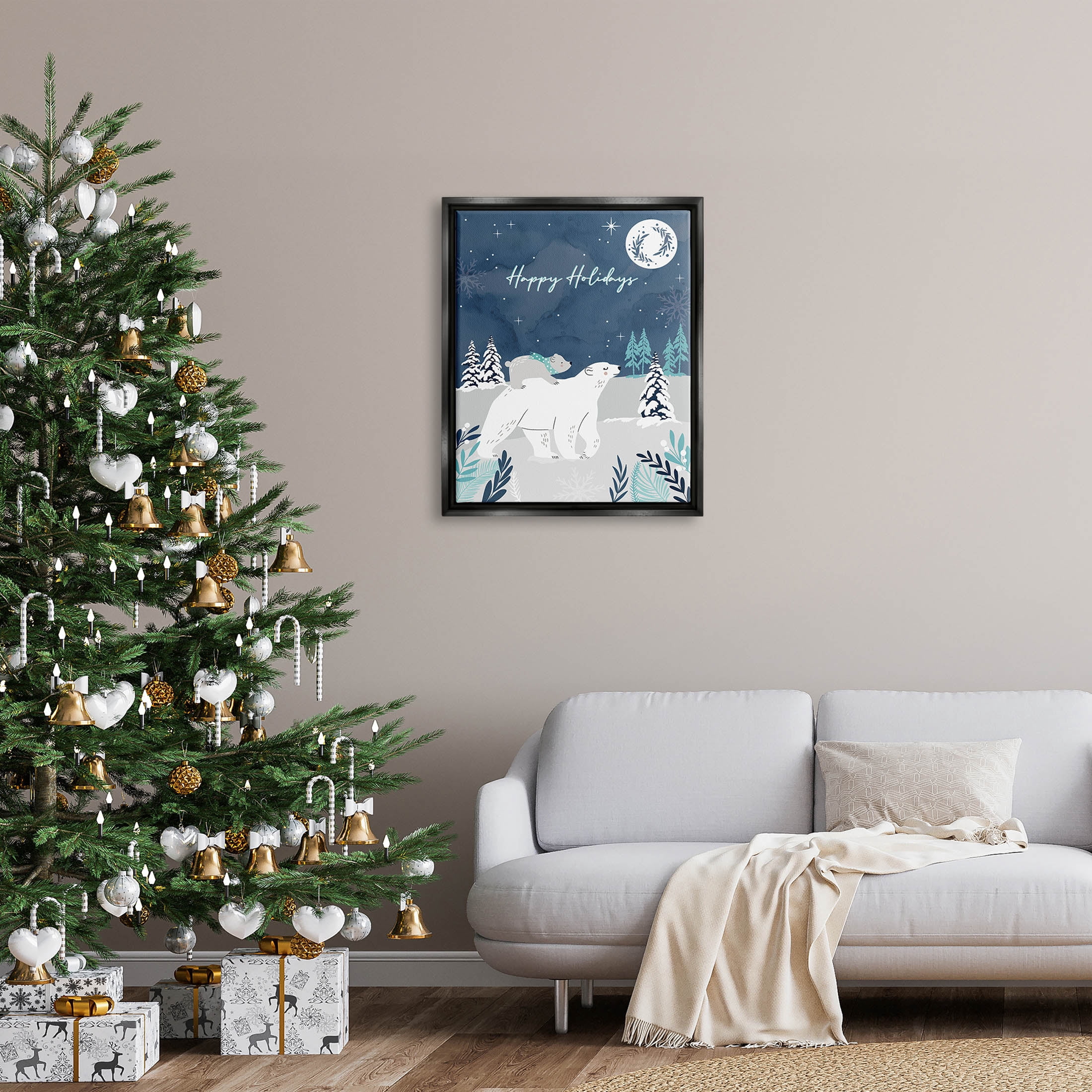 Happy Holidays Winter Snow Bears Holiday Graphic Art Jet Black Framed Art Print Wall Art