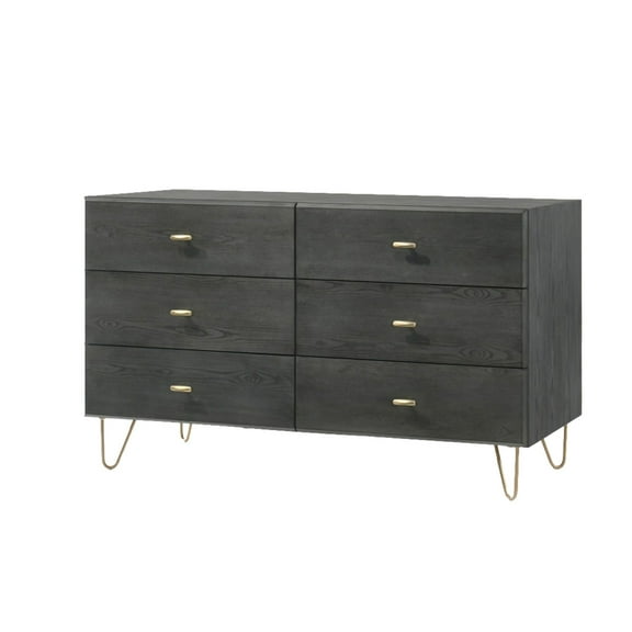 Wooden Dresser with 6 Drawers and Metal Hairpin Legs, Gray and Gold- Saltoro Sherpi