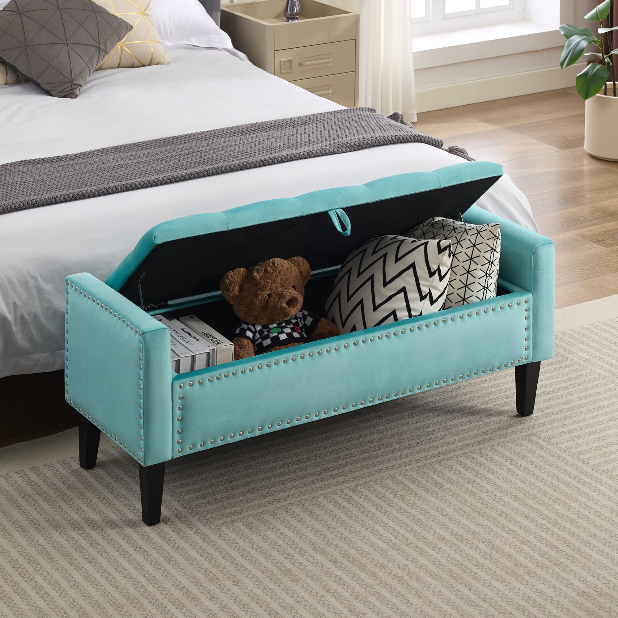 Velvet Storage Bench, Upholstered Bed Bench with Storage, End of Bed Ottoman with Wooden Legs,Bedside Storage Bench for Bedroom, Living Room, or Entryway, Teal
