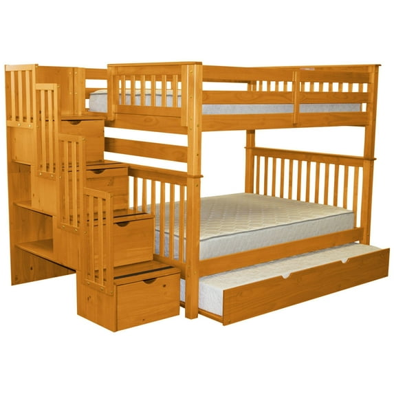 Bedz King Stairway Bunk Beds Full over Full with 4 Drawers in the Steps and a Twin Trundle Honey