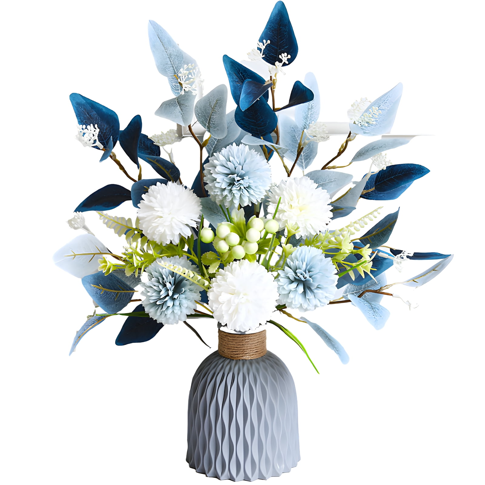 Hydrangea Artificial Flowers in Vase, Blue and White Faux Hydrangea Arrangement, Modern Gray Textured Vase, Elegant Wedding and Home Decoration