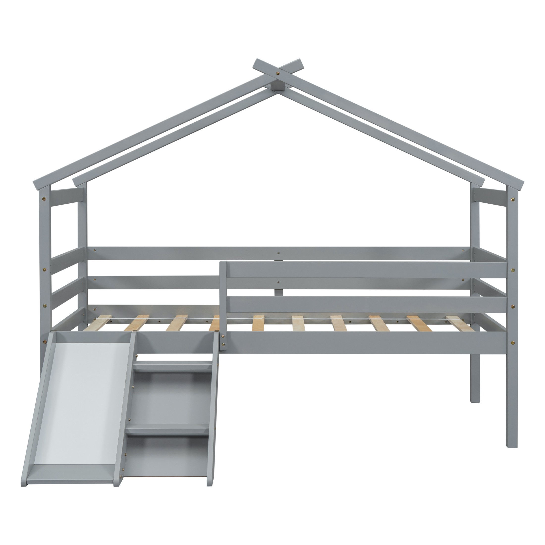 Aukfa Twin Low Loft Bed with Slide for Kids, Wood House Roof Bed Frame for Girls/Boys Bedroom, Gray