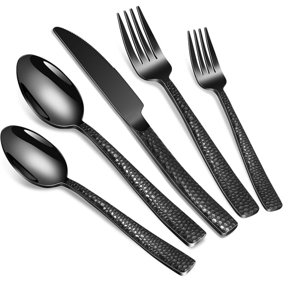 40-Piece Black Hammered Stainless Steel Silverware Set for 8, Food-Grade Flatware with Forks, Knives, and Spoons, Dishwasher Safe