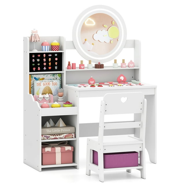 Gymax Kids Vanity Table Set w/ Lighted LED Mirror Princess Dressing Table w/ Chair White