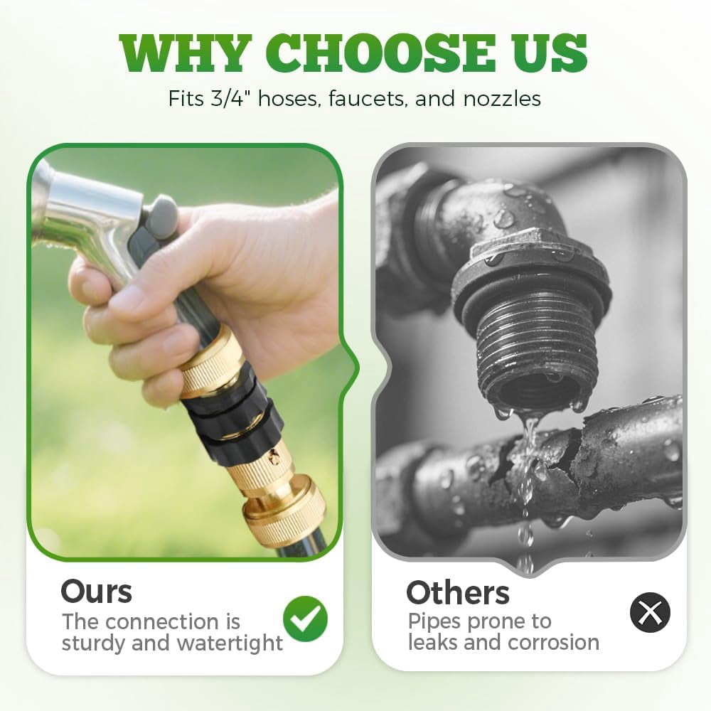 Garden Hose Quick Connector,3/4 Inch GHT Solid Brass Garden Hose Quick Connect Fittings, Water Hose Connectors with Leak-Proof Seal & Universal Fit for Outdoor Gardening and Cleaning Use (6 Sets)