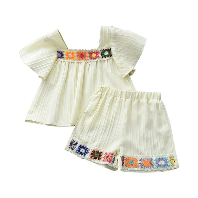 JDQJBZ Girls Summer Outfits, Girls Cotton Ruffle Tank Top and Shorts Set, ChildreGirls' Set New Square Collar Fly Sleeve Embroidered Flower T-shirt Short Two-piece Set Children's Clothing