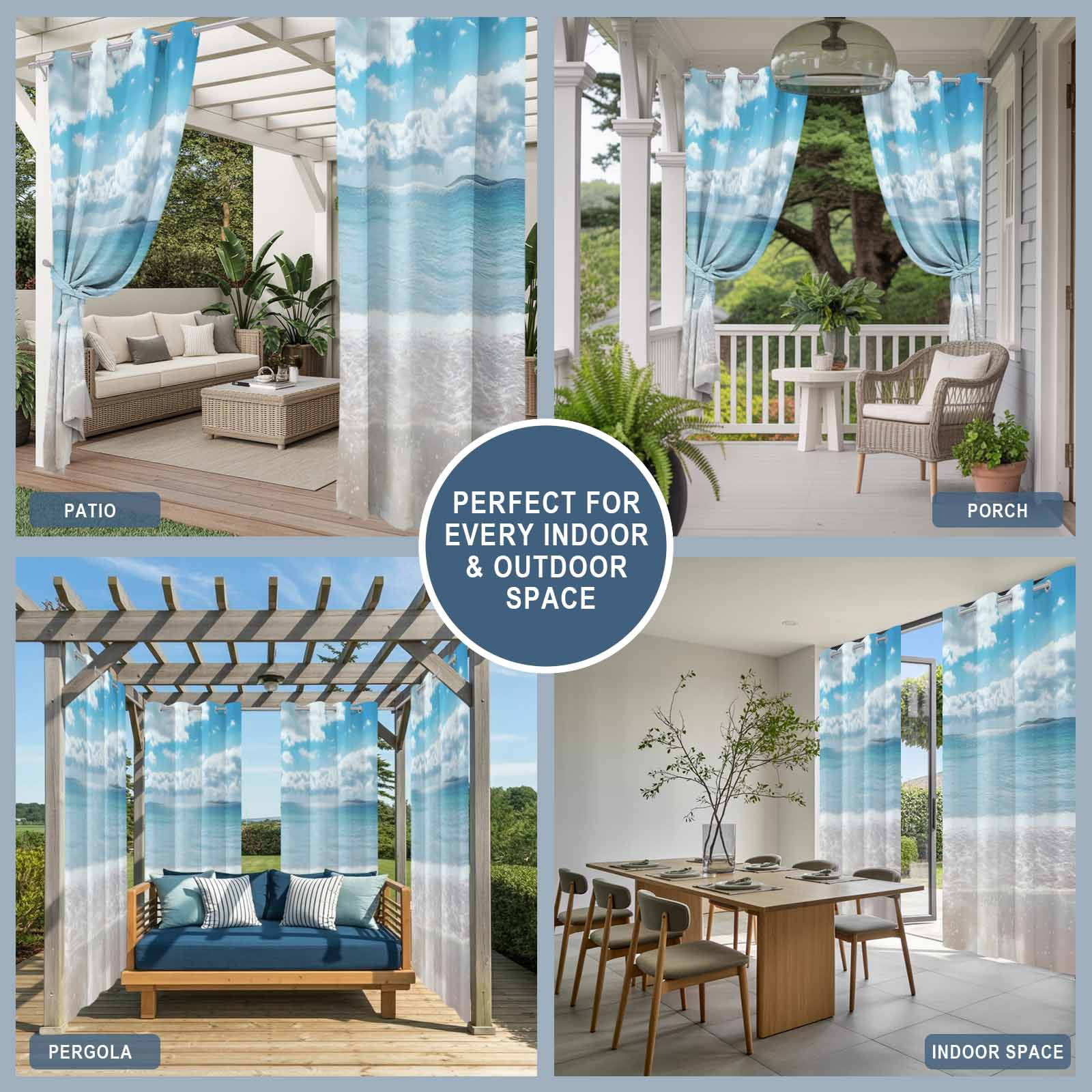 Ocean Beach Outdoor Curtains for Patio Waterproof,Windproof Privacy Curtains with Weighted Bottom,Natural Blue Sea Waves Sky Cloudy Scenery Outside Drapes for Picnic Garage Yard 54"x84" 2 Panel