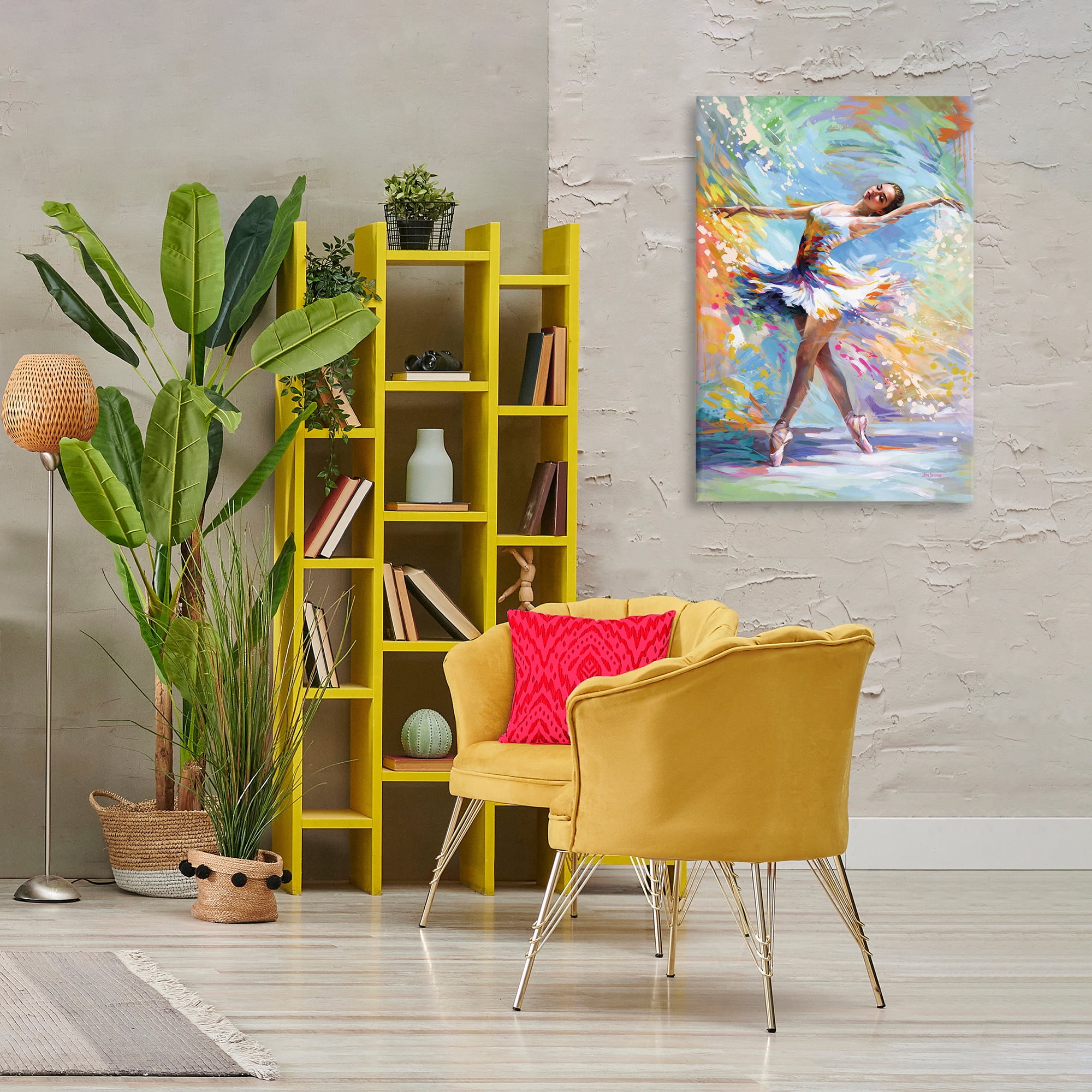Stupell Industries Ballerina on Pastel Splatter Entertainment Painting Wrapped Canvas Art Print Wall Art, 24 x 36