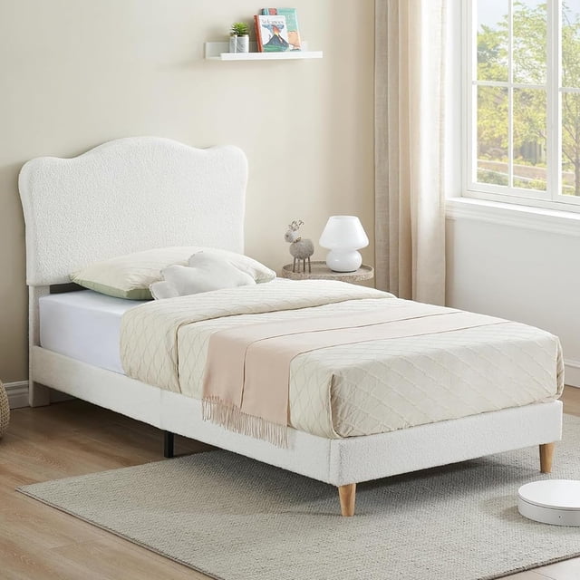 Tamaño individual-sized forrado marco de cama con an adjustable bouclé forrado cabecero ideal niños strong wood slats no necesita colchón base noise-free y easy to assemble beige