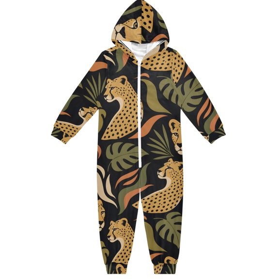 Leopard Boys & Girls Hooded One-Piece Pajamas Warm Crystal velvet Hooded Long Sleeve Loungewear Jumpsuit Unisex