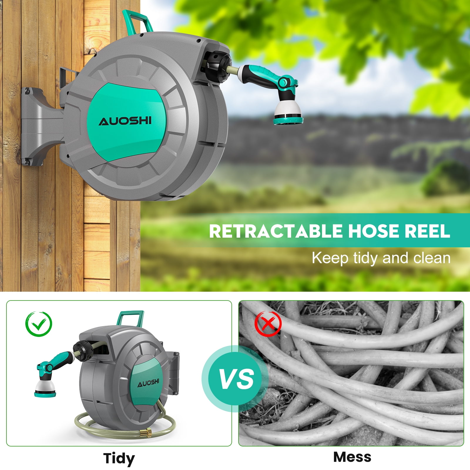 AUOSHI Retractable Garden Hose Reel 1/2 inch 100ft Automatic Hose Reel with 10 Function Sprayer Nozzle Wall Mount 180 Deg Swivel Bracket Hose Reel with Any Length Lock Slow Return System