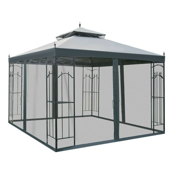SAZYY 10x10 Steel Patio Gazebo Canopy with Mesh Curtains, Grey Outdoor Gazebo with Shelves