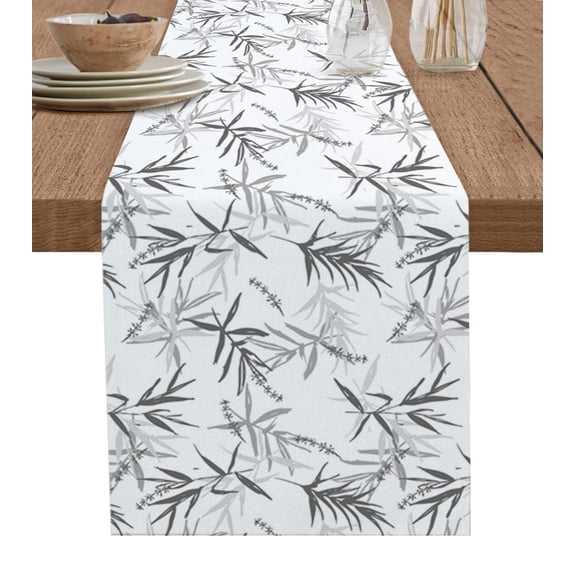 Table Runner Dresser Scarves 90 Inch Long, Watercolor Bamboo Leaves Plant Linen Dining Table Runners Chinese Style Grey Leaf on White Tabletop Scarf for Wedding Holiday Party Kitchen