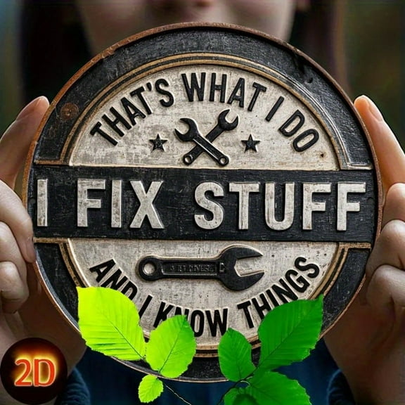 Vintage "I Fix Stuff I Know Things" Round Metal Sign - 2D Flat Iron Wall Art with Weathered Finish for Garage, Workshop, Man Cave, Office | Funny Dad Gift