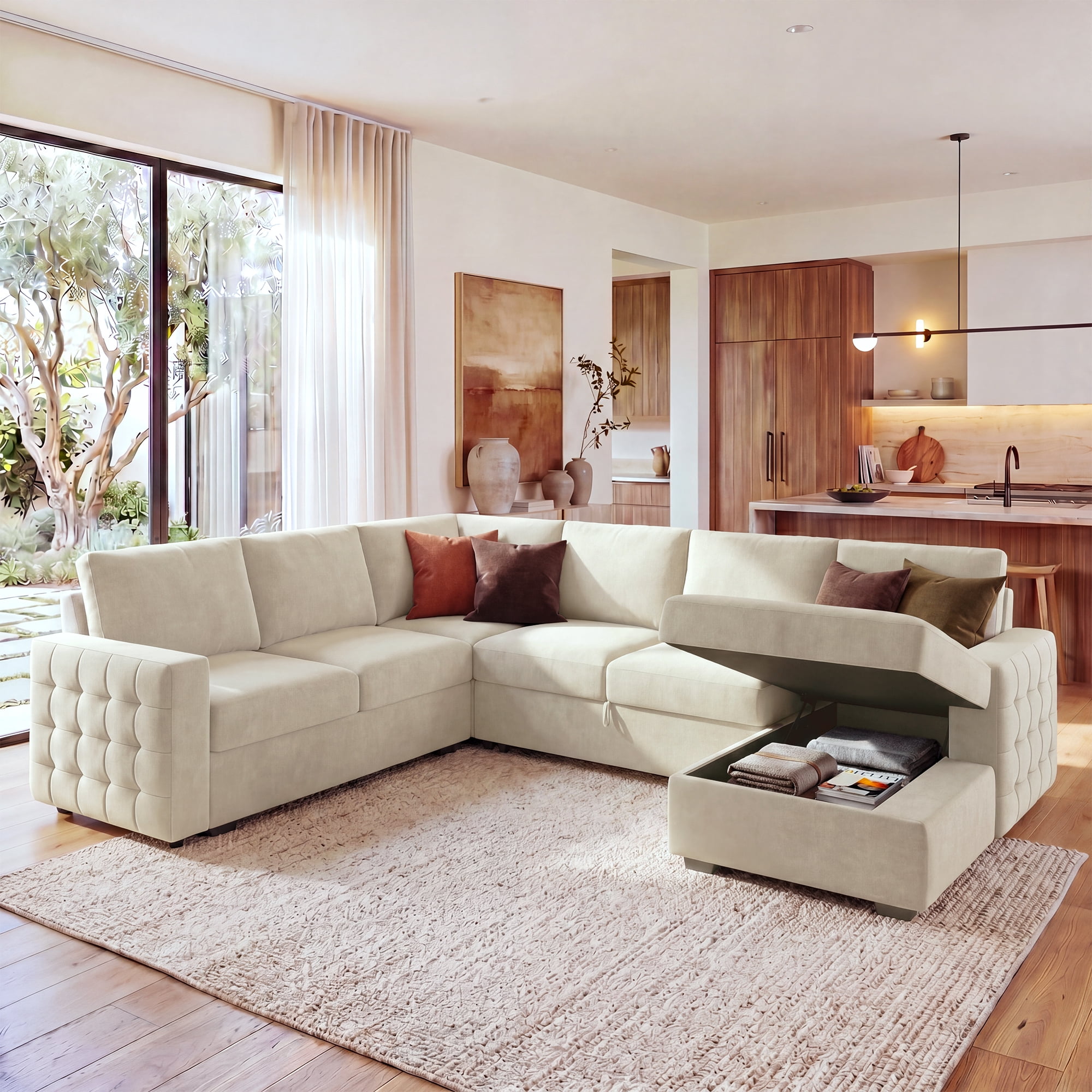 Marrber Velvet Sectional Sleeper Sofa Bed with Pull-Out Couch Bed with Storage for Living Room, Beige