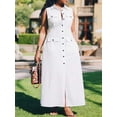 thumbnail image 4 of White Sleeveless Collared Shirt Dress With Front Buttons And Pockets, A-Line Maxi Style, 4 of 8