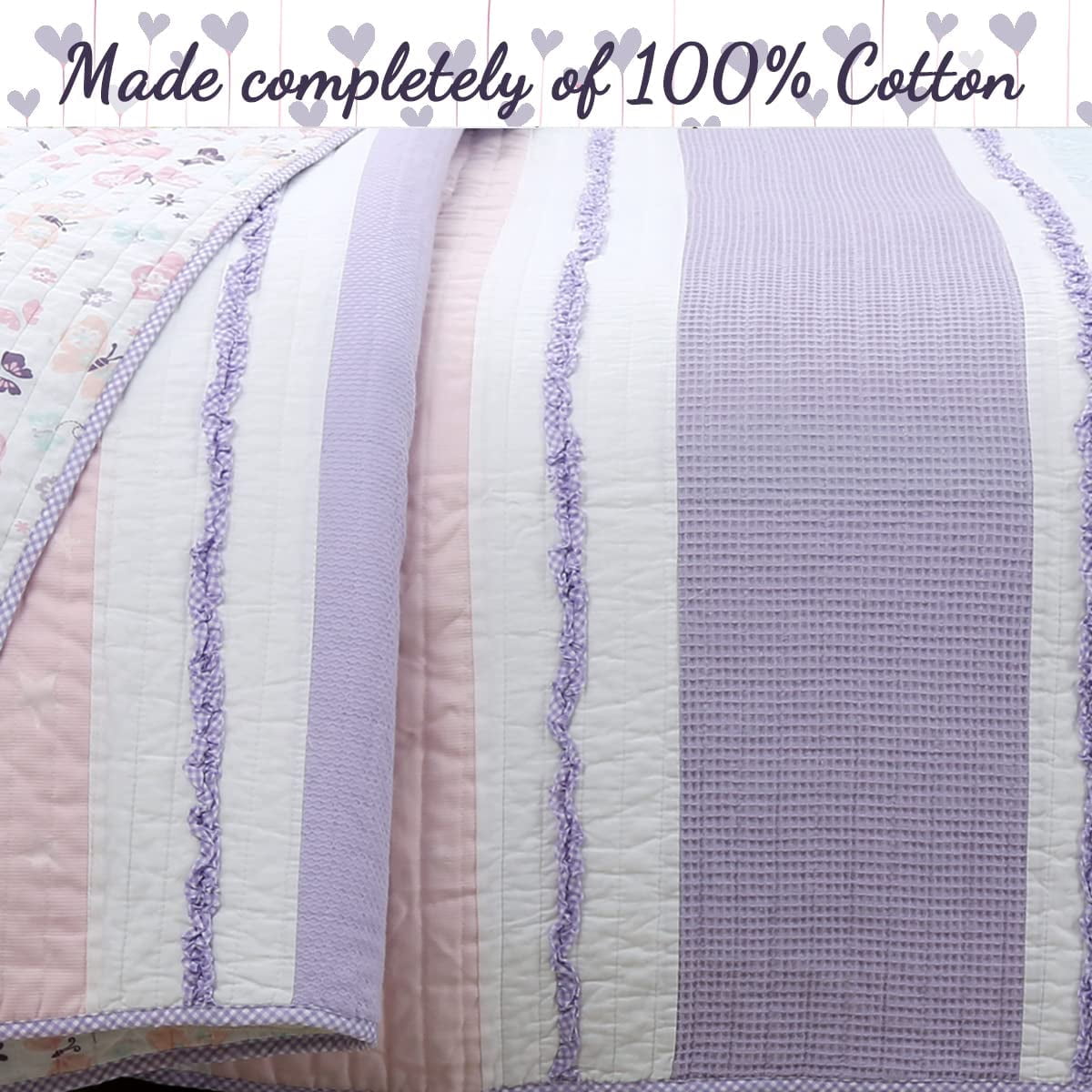 Cozy Line Lavender Blue Pink Ruffles Girl Cotton Reversible Quilt Bedding Set (Queen-3 Piece)