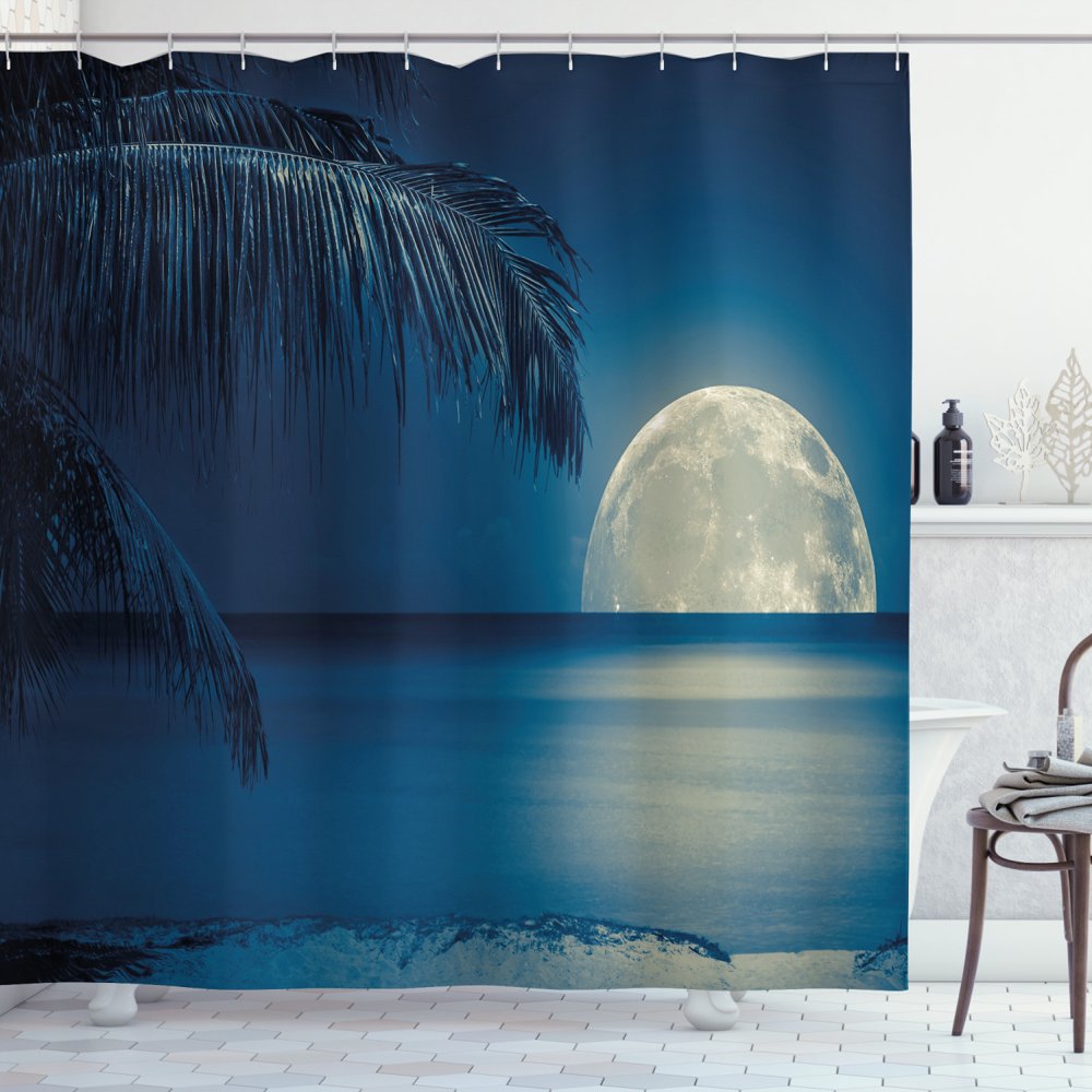 Moon Shower Curtain, Beautiful Full Moon Reflected on the Calm Water of