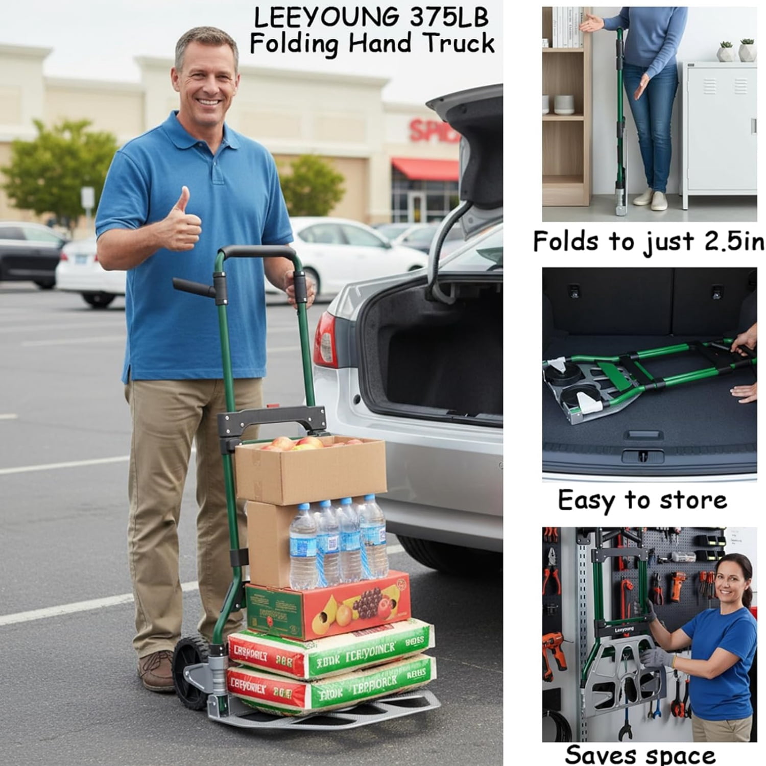 Upgraded Folding Hand Truck Dolly Cart Heavy-Duty 375lb，Aluminum Wheel Bracket & Portable Aluminum Dolly Cart, Indoor/Outdoor Use