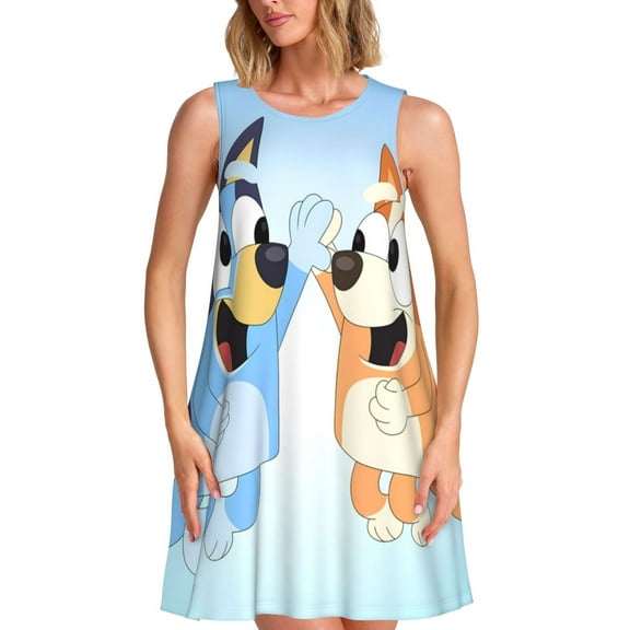 Saiise Bluey Print Women's Sleeveless Knee-Length Dress with Pockets Casual Summer Tank Dress