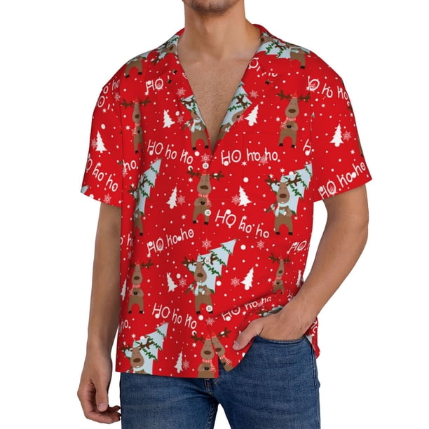 Balery Christmas Deer 1 Camisa Casual de Manga Corta con Botones para Hombre, Texturizada, Estilo Cubano, para Playa, Verano-3X-Large