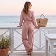 thumbnail image 6 of WULMLEO Linen Sets for Women 2 Piece Boho Wrap Cross V Neck Long Sleeve Top Wide Leg Pants Set Casual Loose Fit Outfits Fall Loungewear Suits with Pockets Pink 2XL, 6 of 8