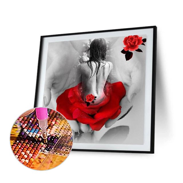 Cuadros Decorativos Red Rose Beauty Back 5D DIY Full Diamond Round Rhinestone para la decoración de la habitación Tmvgtek embutido en tela