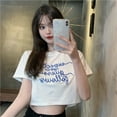 thumbnail image 3 of KOMOO Women Loose Fit T-shirt Letters Embroidery Printed Crop Tops Round Neck Short Sleeve Blouse, 3 of 5
