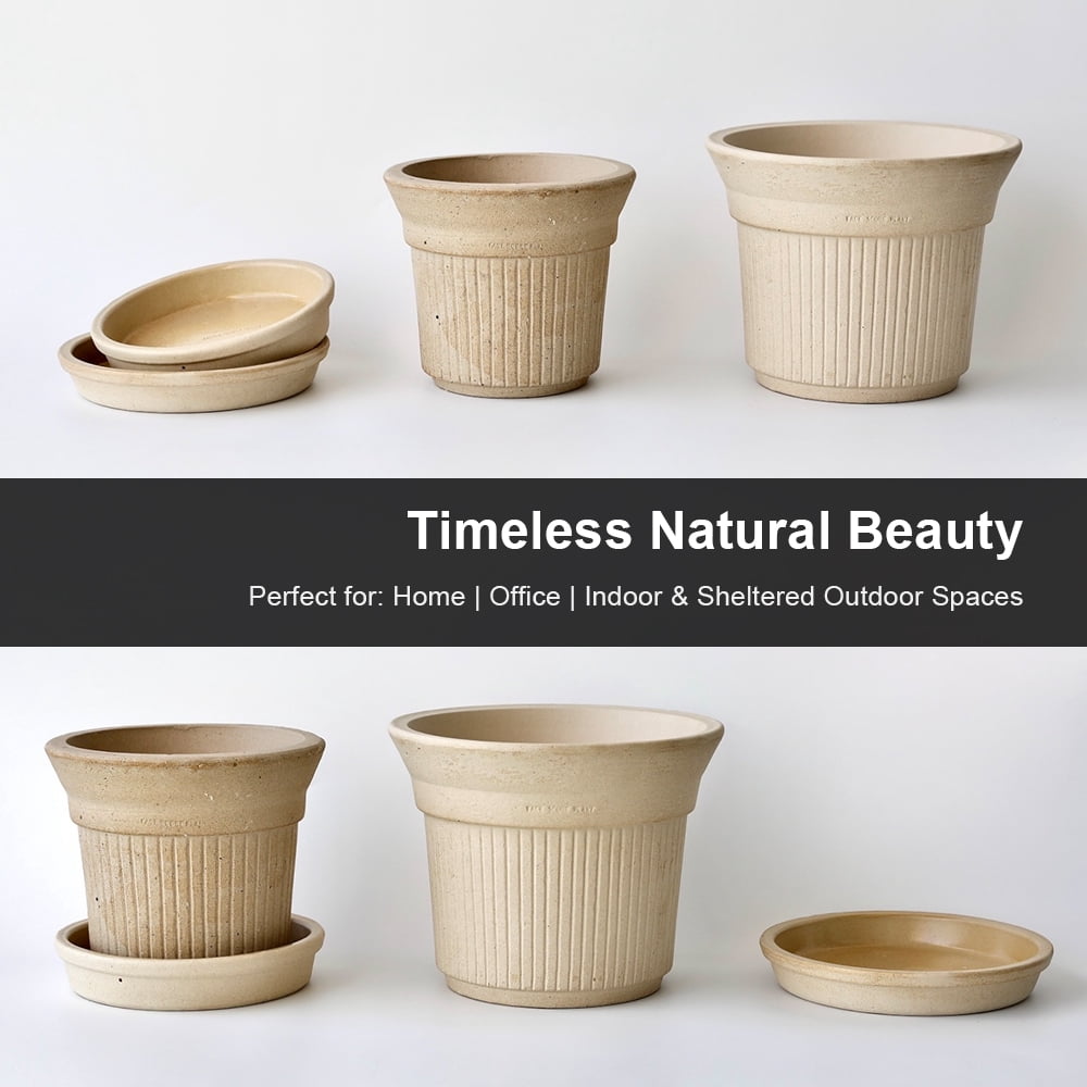 2 Pack Striped Clay Planters 6 Inch and 8 Inch Indoor Outdoor Flower Pots with Saucers, Modern Decorative Plant Pots with Drainage Holes for Home Garden Patio