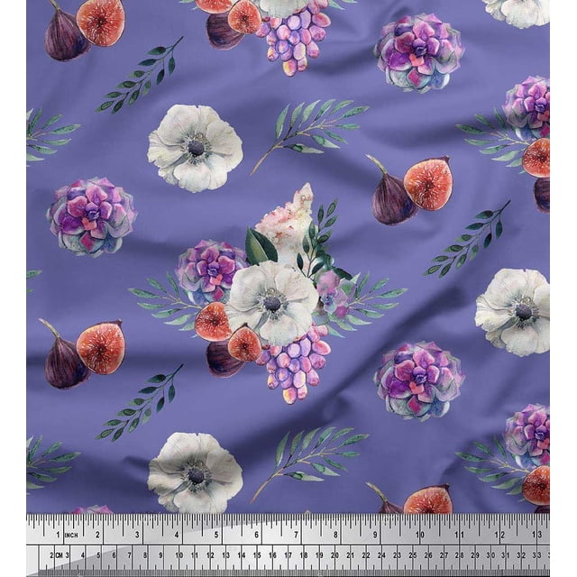 Soimoi Poly Georgette Fabric Fig,Succulent & Anemone Flower Print Sewing Fabric Yard 52 Inch Wide