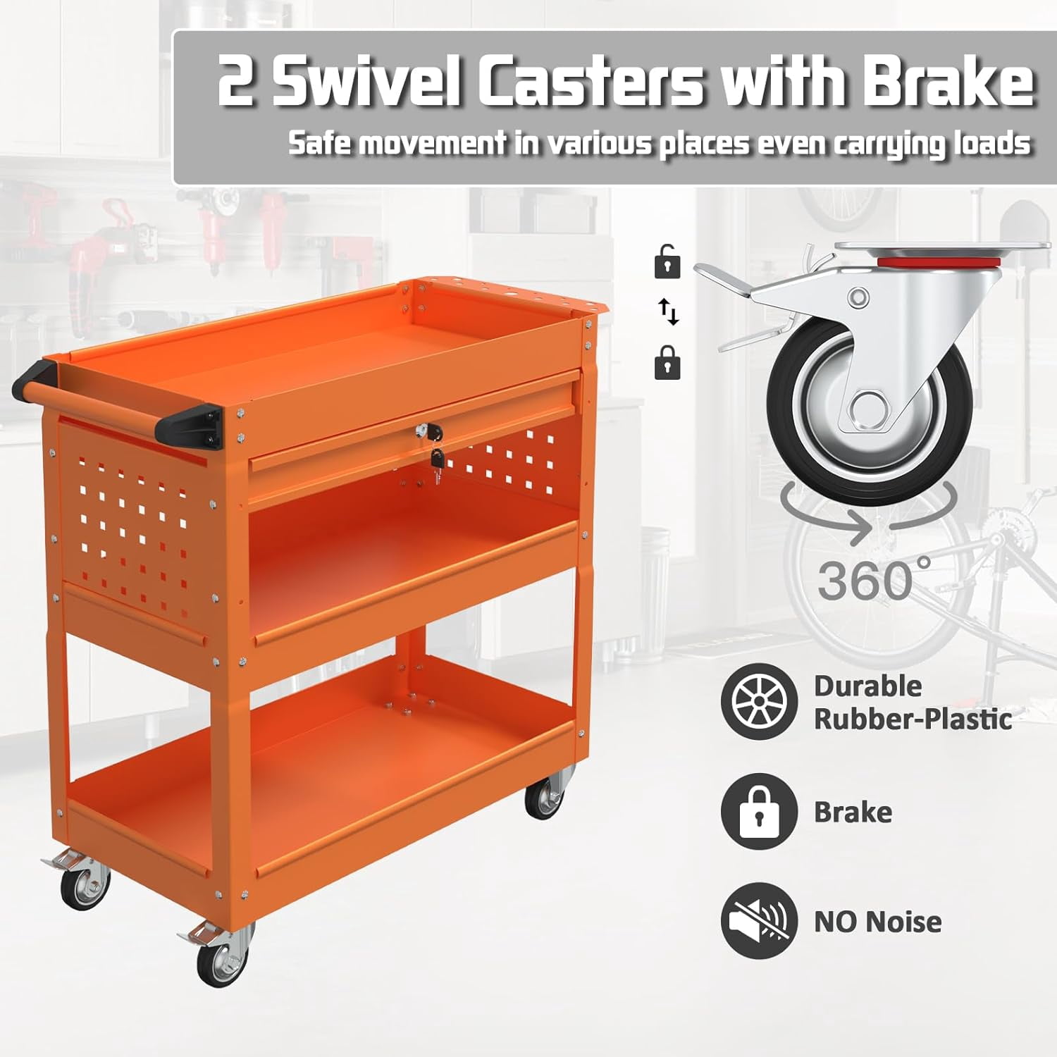 Odaof 4-Wheel Big Rolling Tool Storage Cart with Ball-Bearing Slides for Garage and Warehouse (Orange)