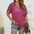 thumbnail image 4 of LOVZFMLL Women's T-Shirts Short Sleeve V Neck Tops with Side Shirring Loose Fit Shirts Summer Casual Solid Basic Tees Hot Pink S, 4 of 6