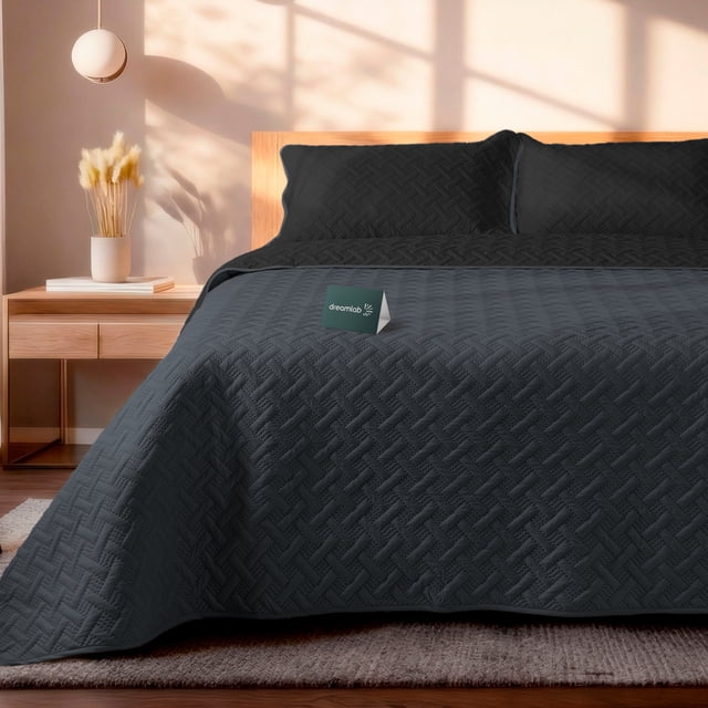 Colcha Ligera Pinsonic Doble Vista Dreamlab con 2 Fundas de Almohada, Edrecolcha Capitonada Reversible Ultrasuave, Edredón de verano, Queen Tape, Negro y Grafito