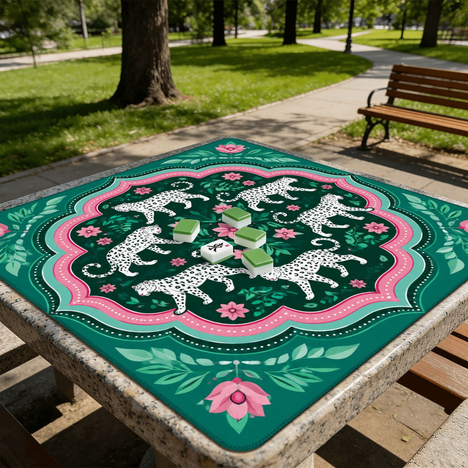 Mahjong Mat 31.5" x 31.5" White Leopards Floral Pink Green Accents Non-Slip Noise Reduction American Mahjong Tiles Table Cover for Dominoes Poker Card Board Games Gift