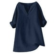 thumbnail image 4 of MIXUE Womens Summer Tops Linen Solid Color V Neck Short Sleeve Stylish Comfortable Casual T Shirts Daily-Wear,Blue,L, 4 of 4