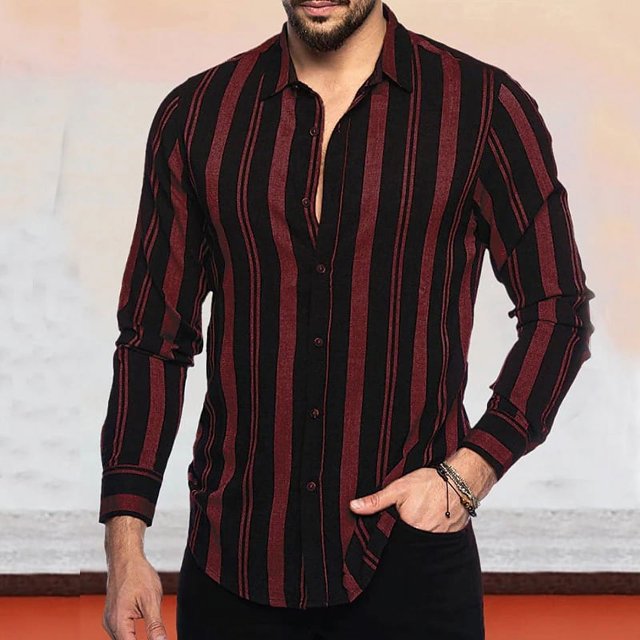 Camisa de hombre Camisa abotonada Camisa casual Color negro rojo café Manga larga Raya Ropa de calle diaria Moda Casual Comodidad