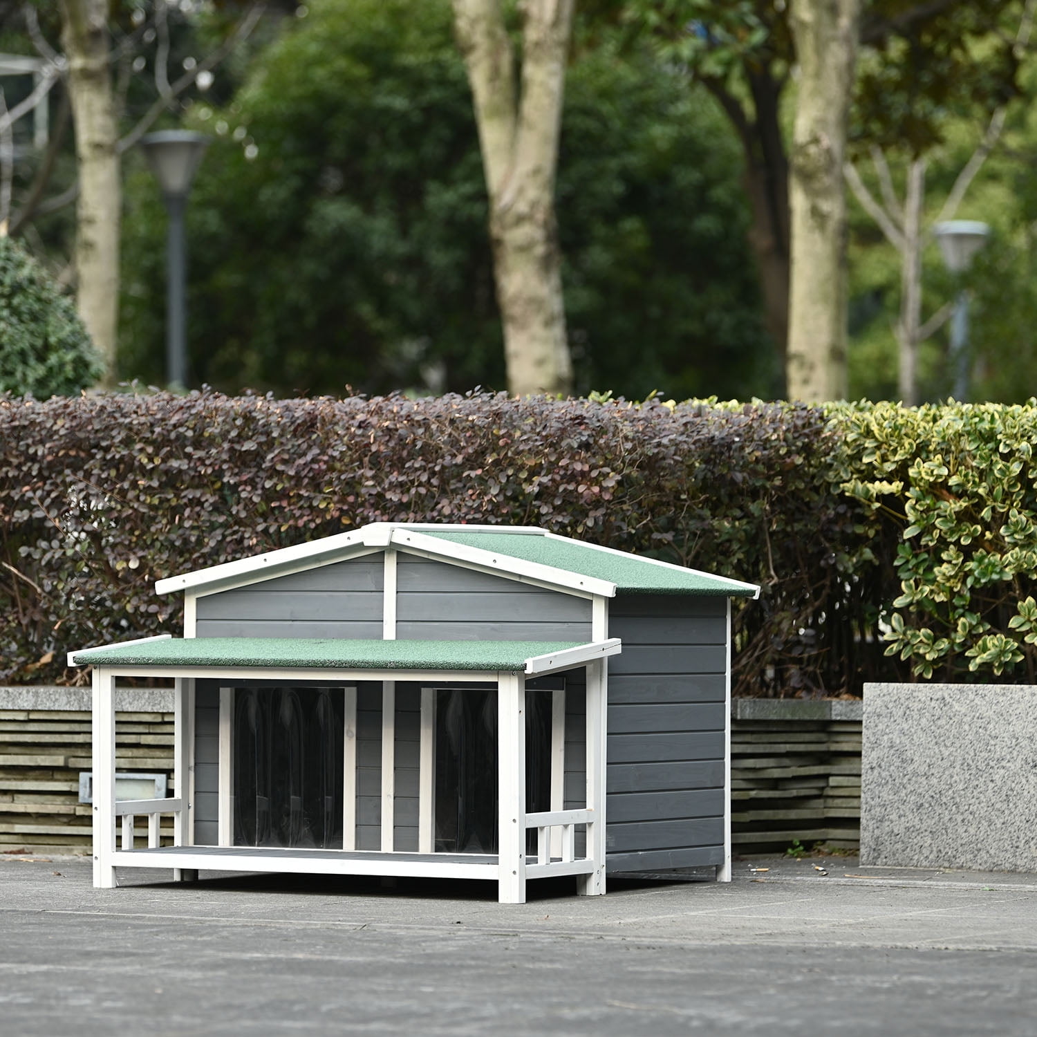 Kadyn 47.2" Dog House, Large Wooden Dog House with Porch and 2 Doors, Outdoor & Indoor Dog Crate for the Porch or Deck, Gray Kadyn 47.2" Dog House, Large Wooden Dog House with Porch and 2 Doors, Outdoor & Indoor Dog Crate for the Porch or Deck, Gray