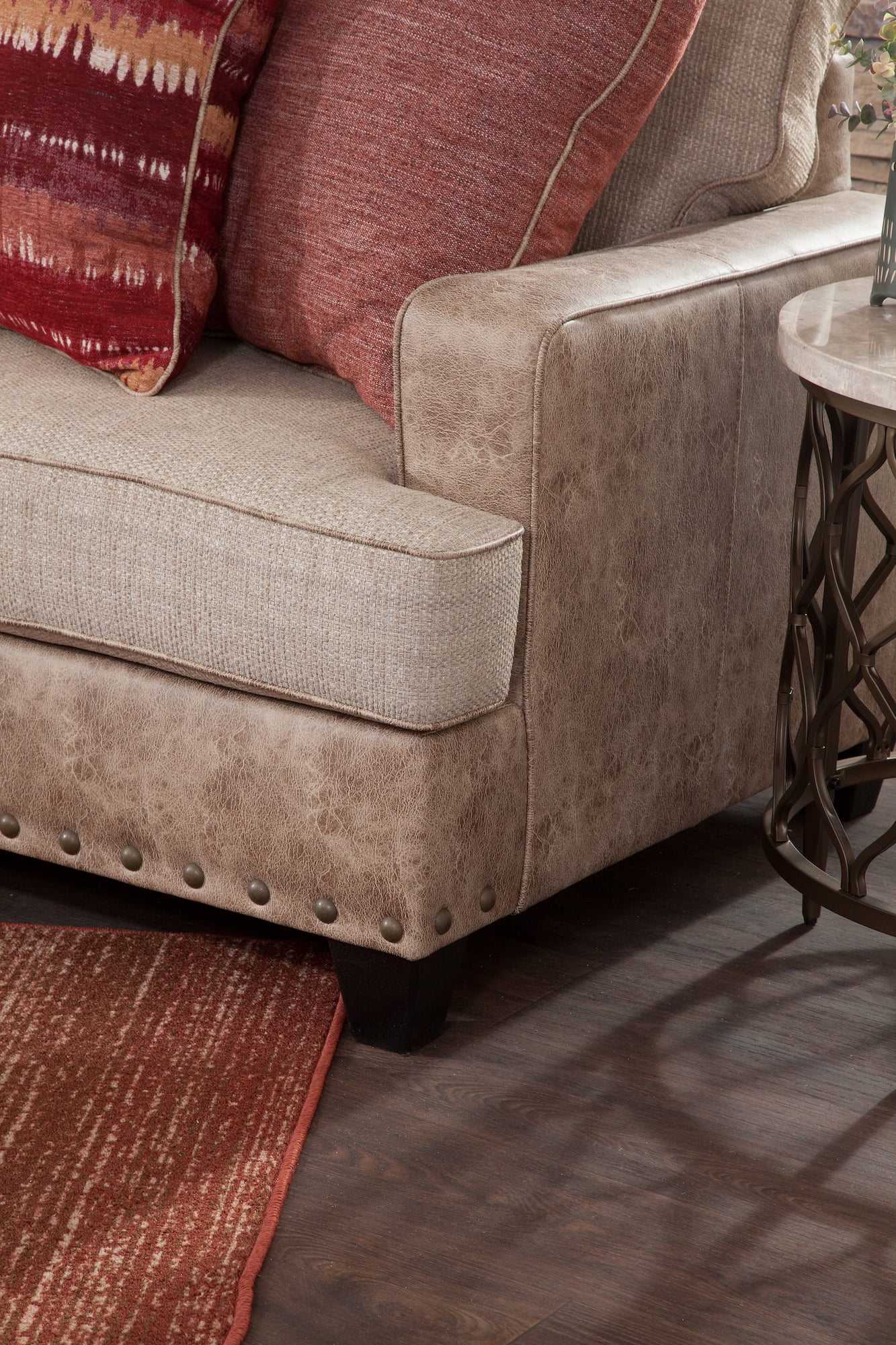 American Furniture Classics Model 8-012-A76V8-K Transitional Track Arm Beige and Brown Three Piece L-Shaped Sectional Sofa with Seven Throw Pillows