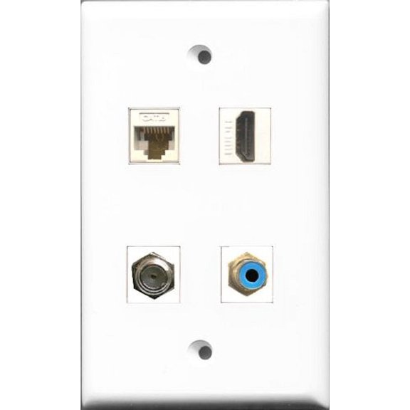 RiteAV 1 Port HDMI and 1 Port RCA Blue and 1 Port Coax Cable TV- F-Type and 1 Port Cat6 Ethernet White Wall Plate