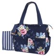 thumbnail image 7 of Baby Essentials 3 Piece Multi-Pocket Quilted Diaper Bag Tote with Removable Luggage Strap and Matching Striped Changing Pad in Navy Blue Floral, 7 of 7