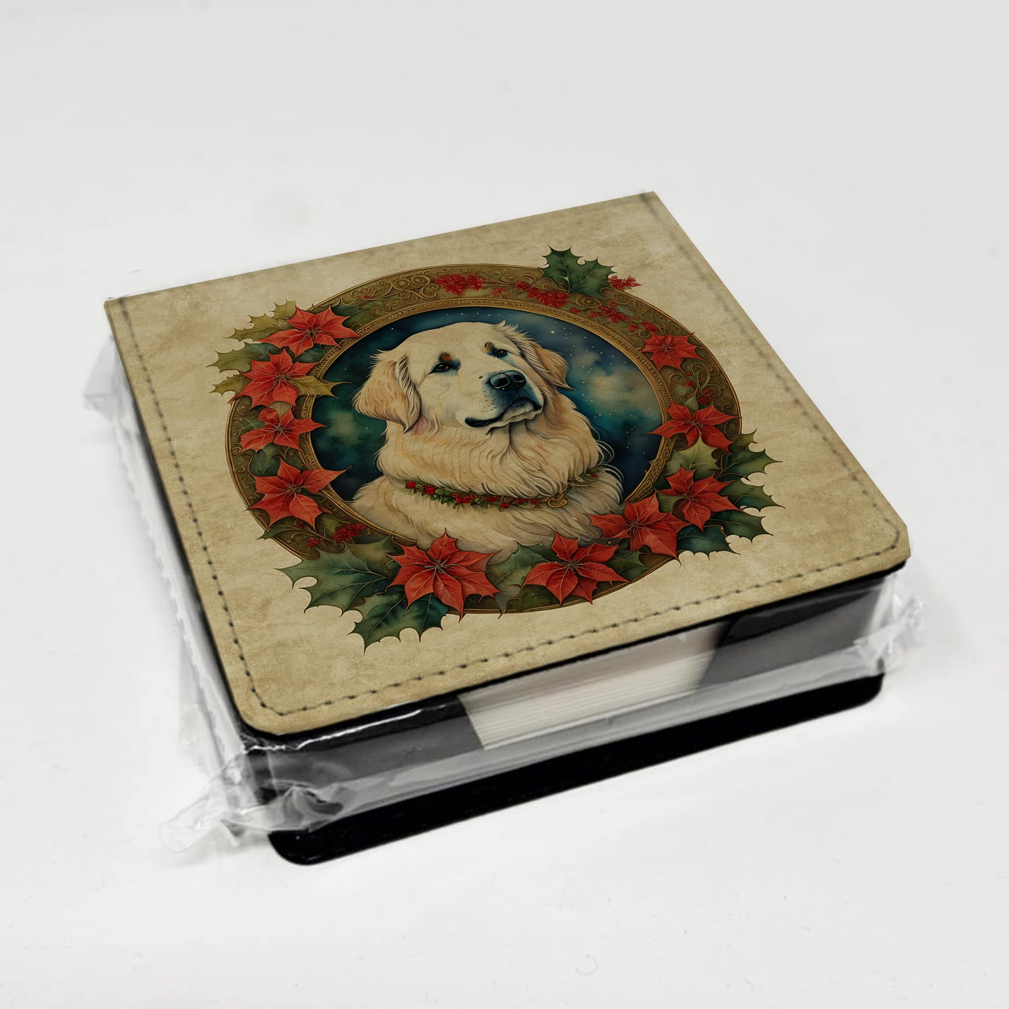 Caroline's Treasures Great Pyrenees Christmas Flowers PU Leather Note Paper Holder with Artist-Designed Cover, Desk Accessory, Office Gift