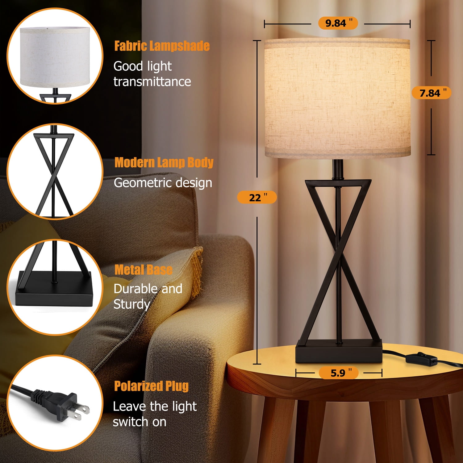 Walchoice Modern Table Lamp, Minimalist Bedside Desk Lamp with Linen Shade, Rustic Vintage Nightstand Lamp for Bedroom Living Room Doorway