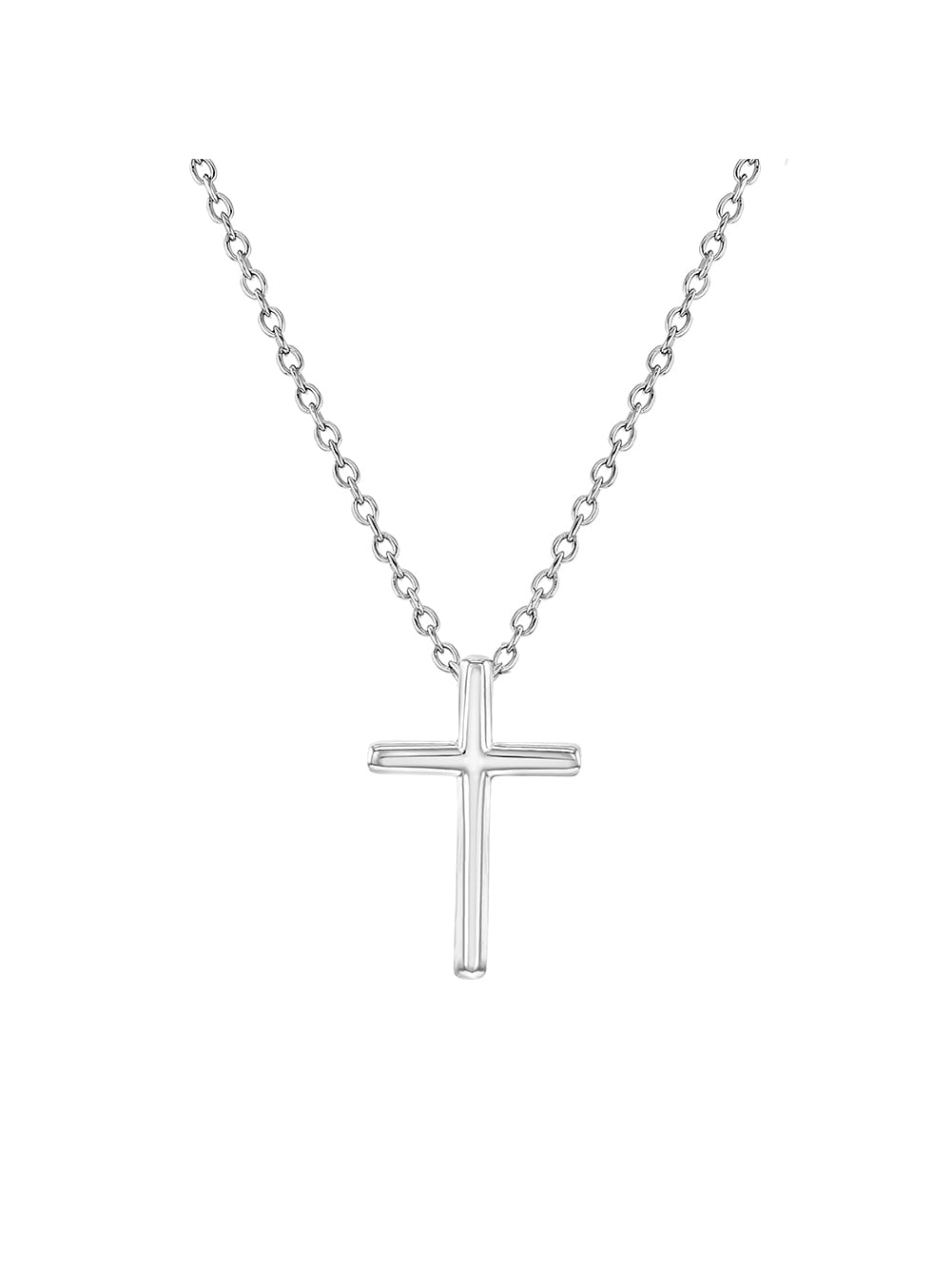 925 Sterling Silver CZ Simulated Pearl Cross Baby Kids Christening Necklace 16