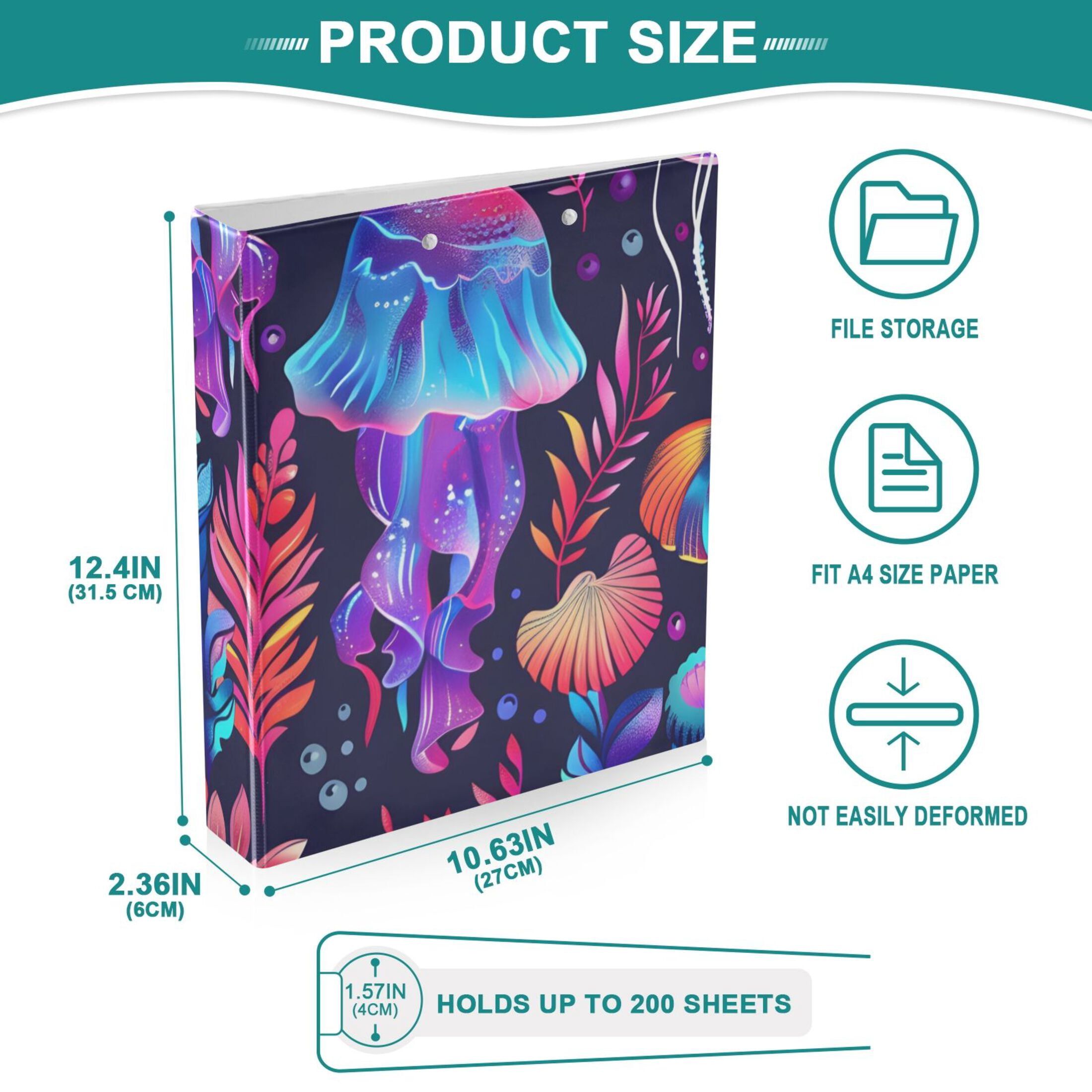 Jellyfish Leaves Colorful 3 Ring Binders 1.5 inch Hardcover File Folders with Interior Pockets A4 Size Organizer for School Office Hospital