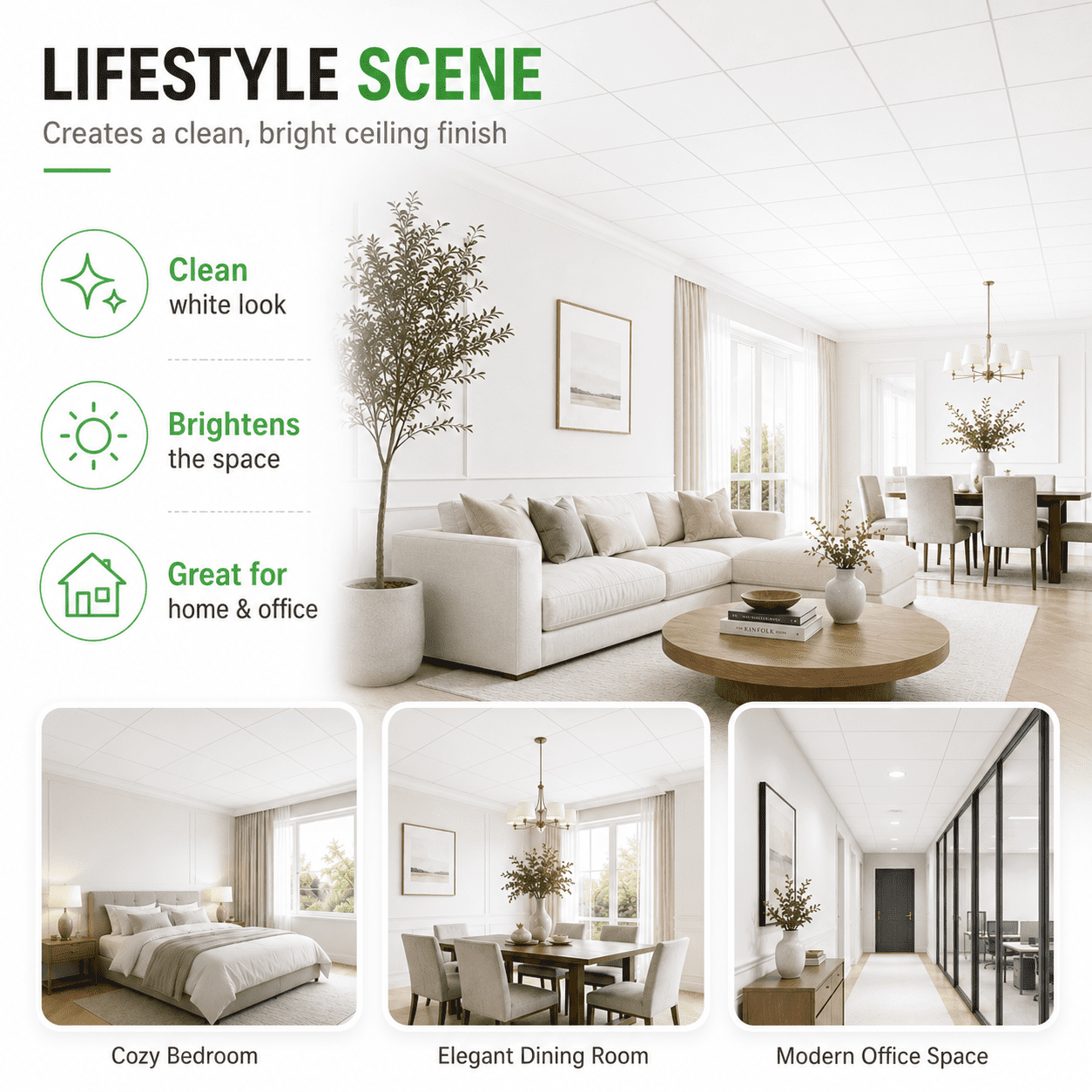 Yeslife 12-Pack 2ft x 2ft PVC Drop Ceiling Tiles, White, Waterproof Reusable Planks for Home Office, 48 sq ft Cover