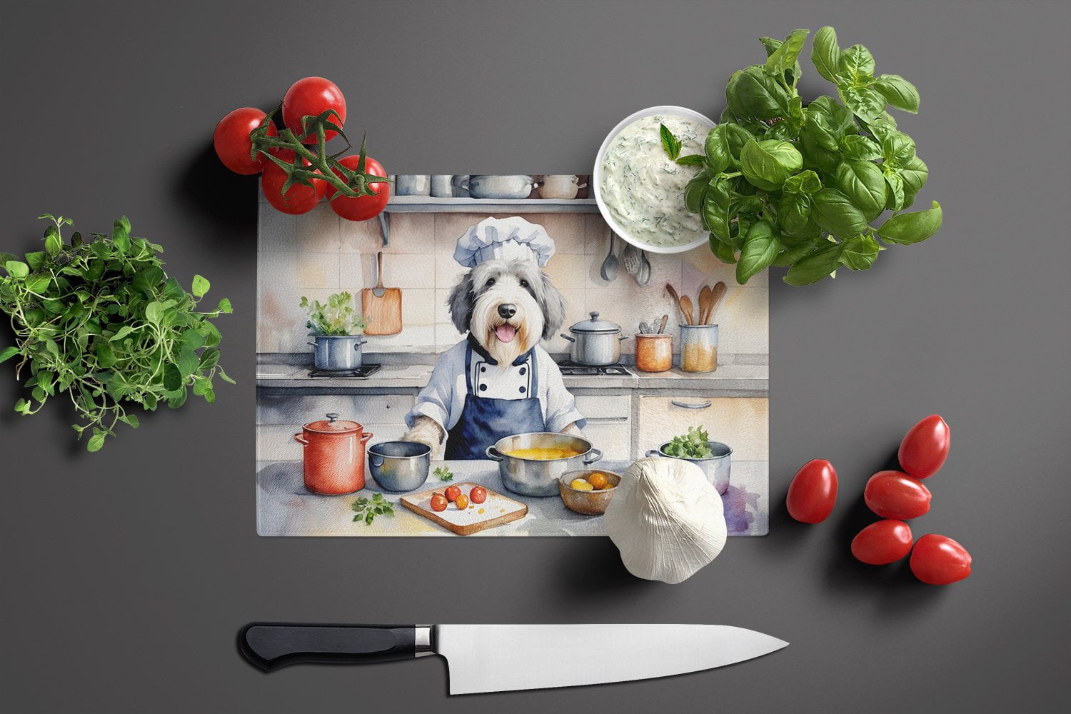 Old English Sheepdog The Chef Glass Cutting Board 12 in x 15 in