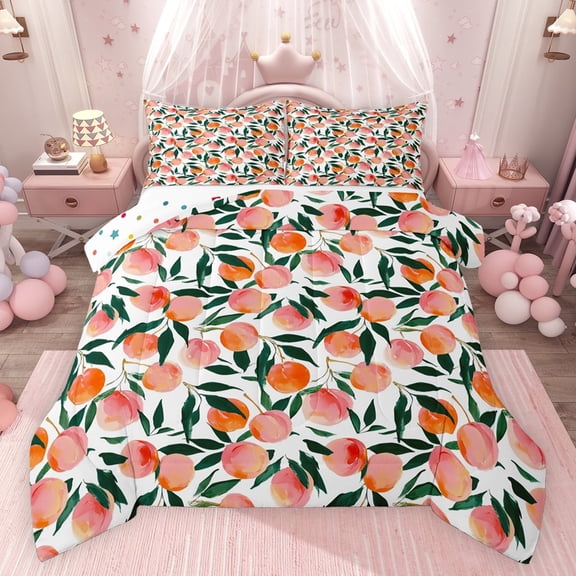 jejeloiu Peach Bedding Comforter Set,Summer Fruit Twin Comforter Sets,Pink White Green Bedding Set For Girls Kids,Breathable Home Decor Reversible,2 Pieces