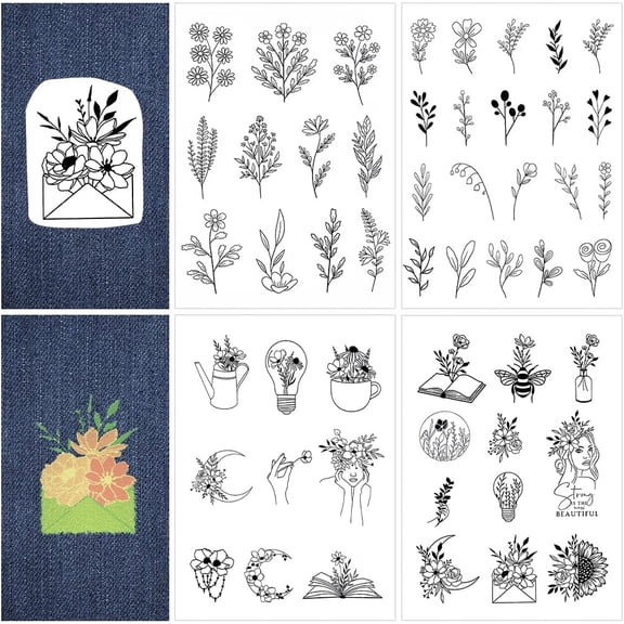 1Set 4 Sheets Flowers Moon Water Soluble Embroidery Stabilizers 2 Style Plants Hand Sewing Stick and Stitch Transfers Paper Wash Away Pre-Printed Self Adhesive Patterns for Bags Cloth Sewing Lover