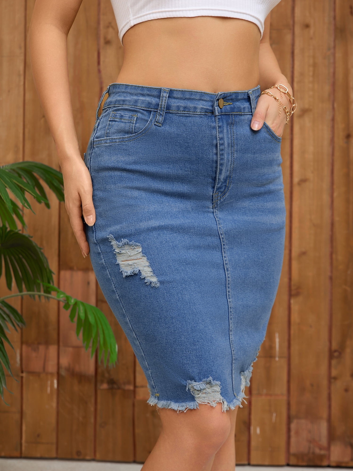 DARING DIVA Women's Denim Above the Knee Pencil Skirt M Blue
